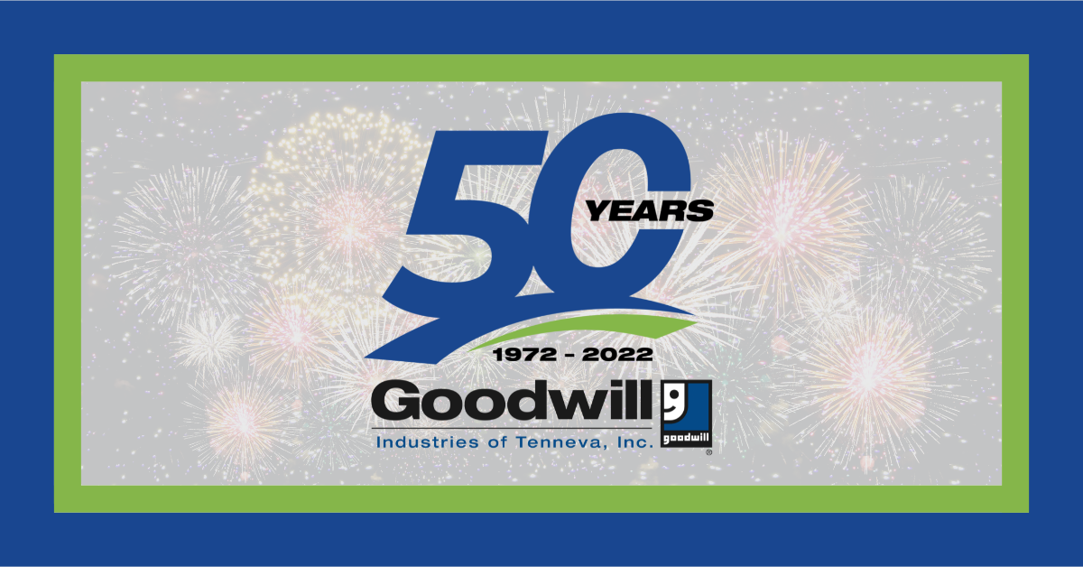 Untitled (1200 × 628 px) Blue and green framed image featuring fireworks and commemorative logo in celebration of Goodwill Tenneva's 50th anniversary of serving the community.